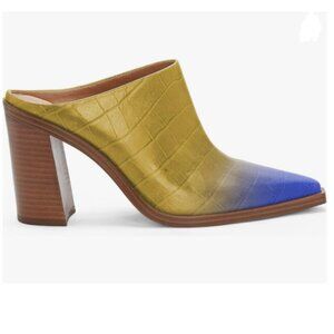 FOWT Yellow And Blue Crocodile Embossed Mules Chunky Stacked Heel Slippers
